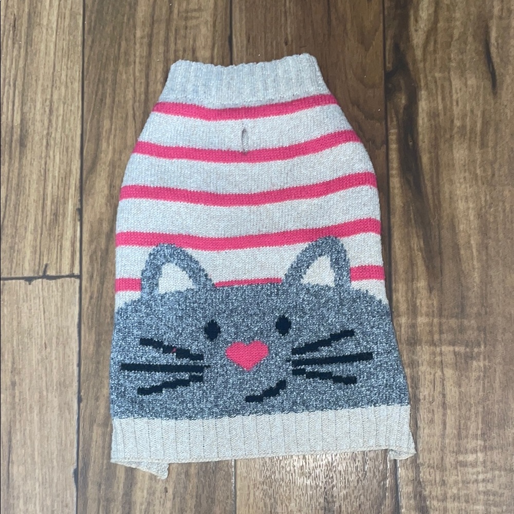 Dog Small Tan Gray and Pink Cat Face Striped Sweater